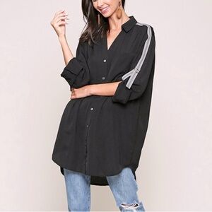 Stylish Black Button-Down Shirt with Gray Stripes